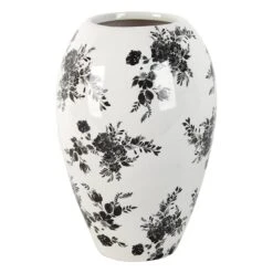 Black & White Floral Ceramic Vase, 10"