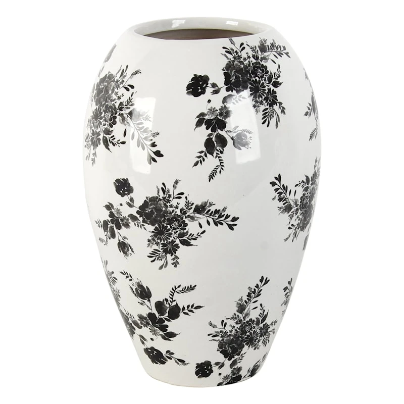 Black & White Floral Ceramic Vase, 10" 3 Black & White Floral Ceramic Vase, 10"