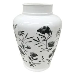 Black & White Floral Ceramic Vase, 12"
