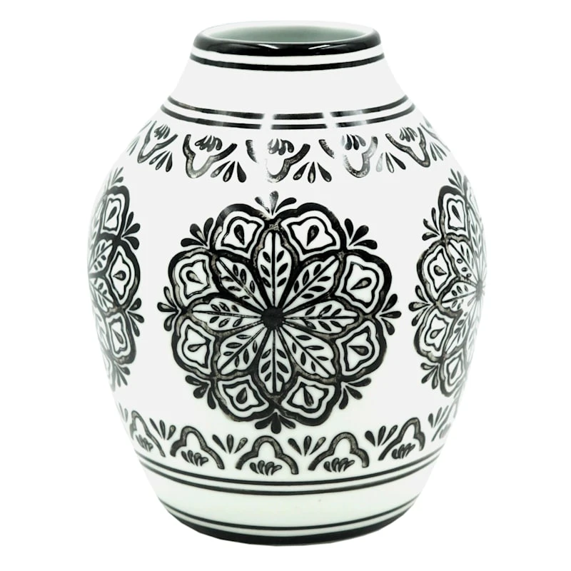 Found & Fable Black & White Floral Ceramic Vase, 8" 3 Found & Fable Black & White Floral Ceramic Vase, 8"