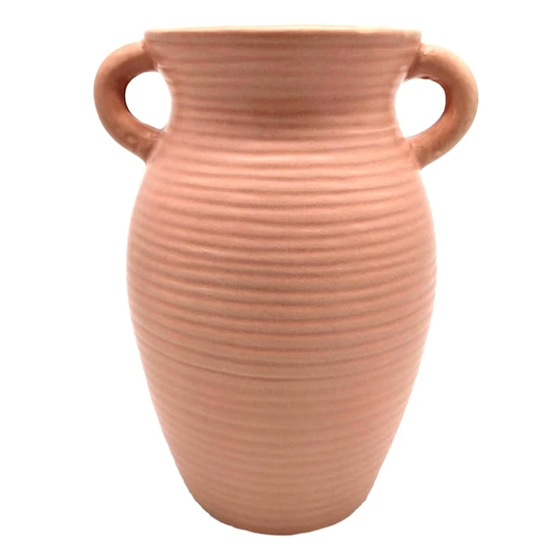 Ribbed Natural Ceramic Vase With Handles, 8" 3 Ribbed Natural Ceramic Vase With Handles, 8"
