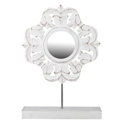 Whitewashed Carved Art With Mirror, 13"